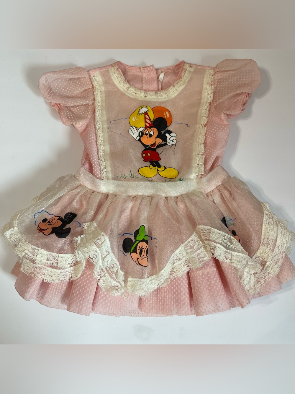 Vintage Pink Sheer Minnie & Mickey Party Pinafore Apron Dress